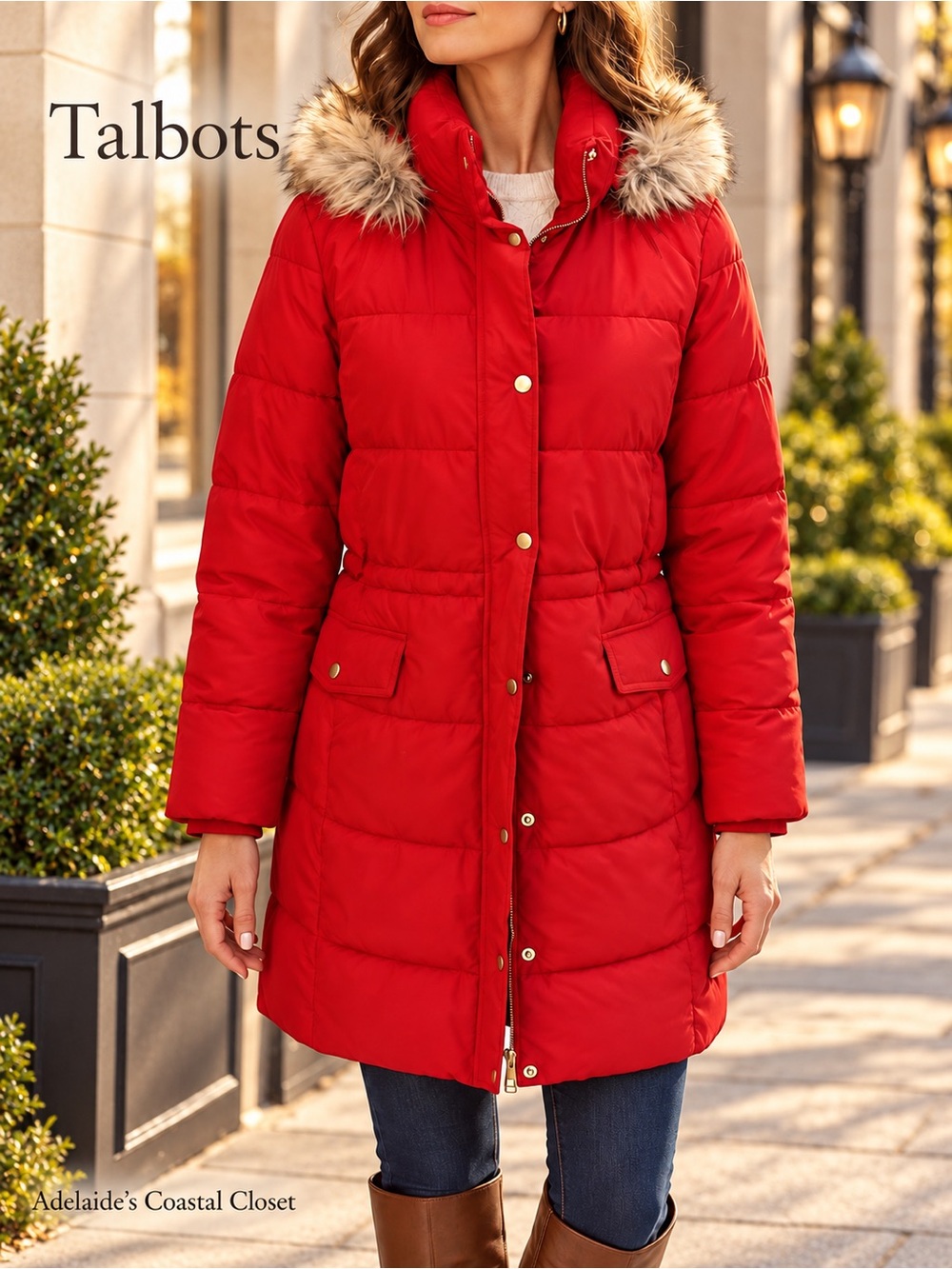 Title: Talbots Red Faux Fur Trim Hooded (Detachable) Coat Women’s Size Medium